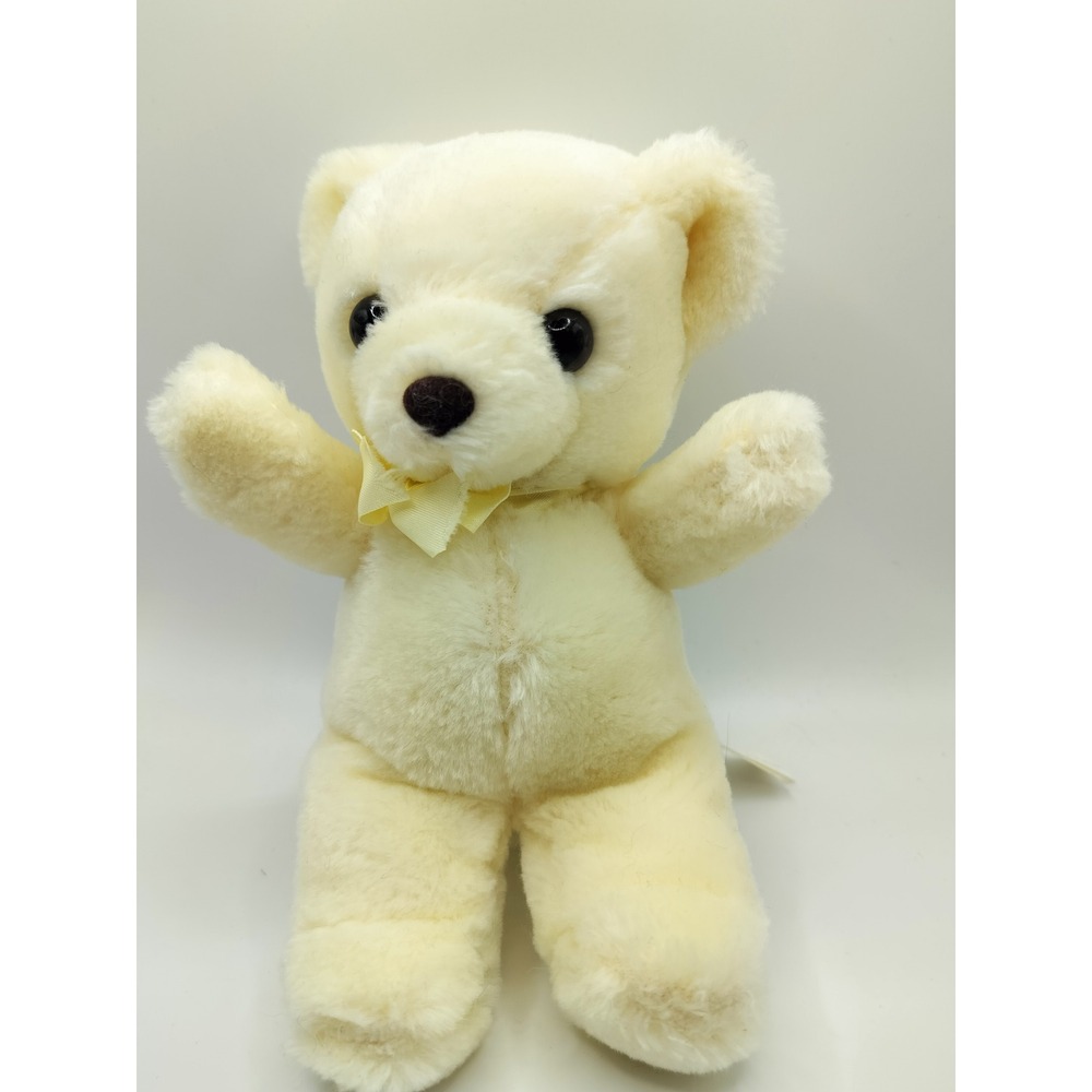 Vintage 1987 Prestige Toy Corp Cream Plush Teddy Bear Kids 8 Inch Yellow‎ Bow
